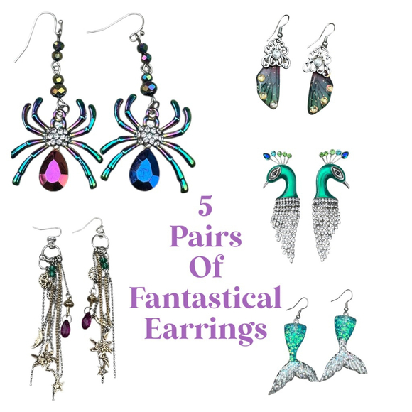 Fantasy Earring Bundle | 5 Pairs | Spider, Mermaid, Fairy, Peacock, Butterfly - Picture 1 of 8